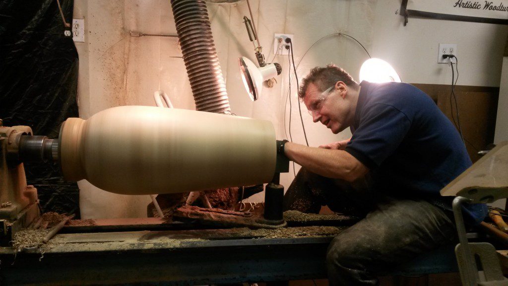  Chris turning a very large 28" deep ambrosia maple piece, wood secured from Duke Forest under special permission.